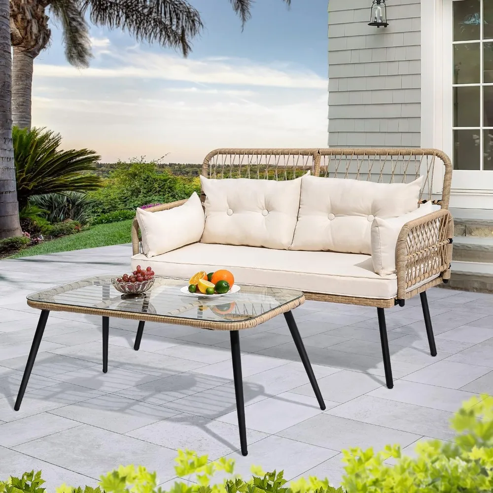 

2-Piece Patio Furniture Wicker Outdoor Loveseat, All-Weather Rattan Conversation for Backyard, Balcony and Deck Garden Sofas