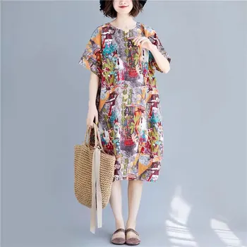 2023 Summer Casual Folk Printed A Line Loose Midi Dress Vintage Women s Clothing Round