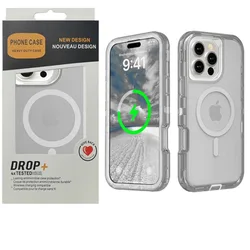 Rugged Heavy Duty Magnetic Charging Clear Case with Shockproof Protection for iPhone 15 Plus (Gray)