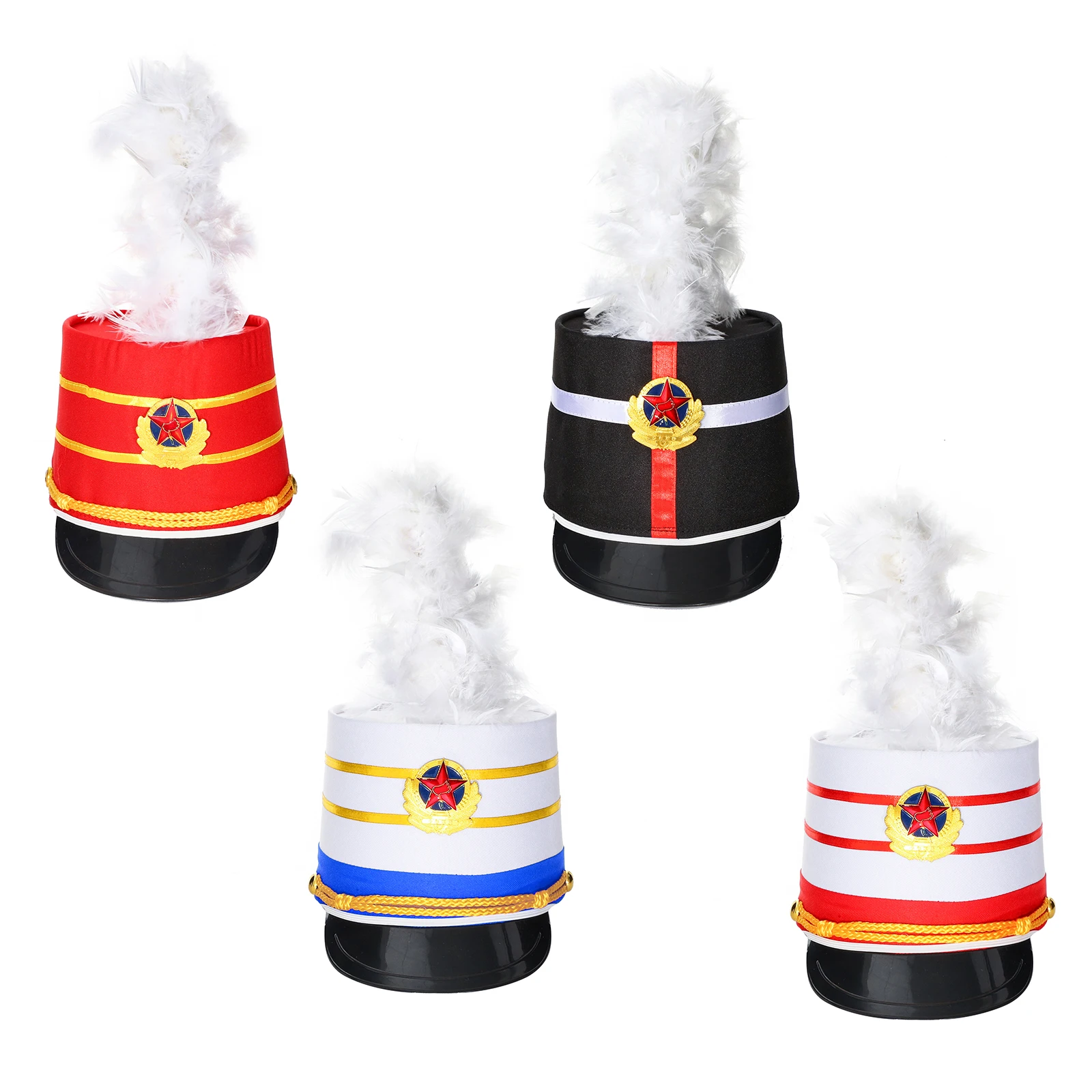 

Ceremonial Hat Snare Drum Team Hat Command Hat Contrast Color High Hat with White Feather Carnival Themed Party Dress Up Costume