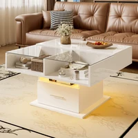 Table basse multifonctionnelle à plateau relevable, finition brillante, éclairage LED, hauteur réglable, grand rangement, table centrale moderne 100x50x42cm, structure stable, montage facile, salon, bureau, petit appartement, table à thé, meuble décoratif 3