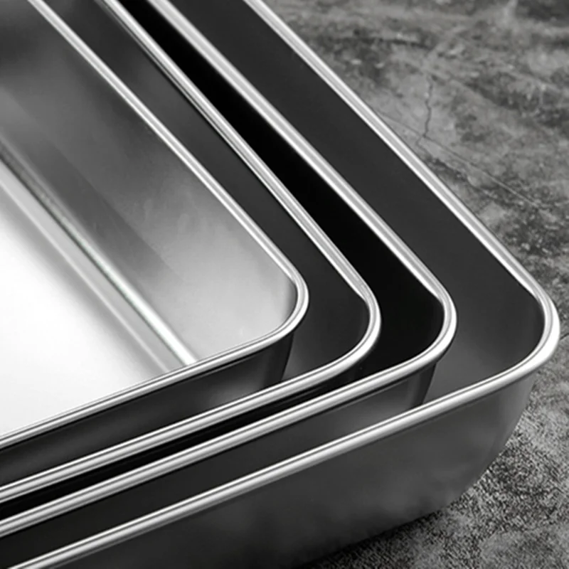 Thicken Stainless Steel Food Storage Tray Rectangular Deep Plates Fruits Bread Cakes Steamed Sausage Dishes Kitchen Cooking Tool 6