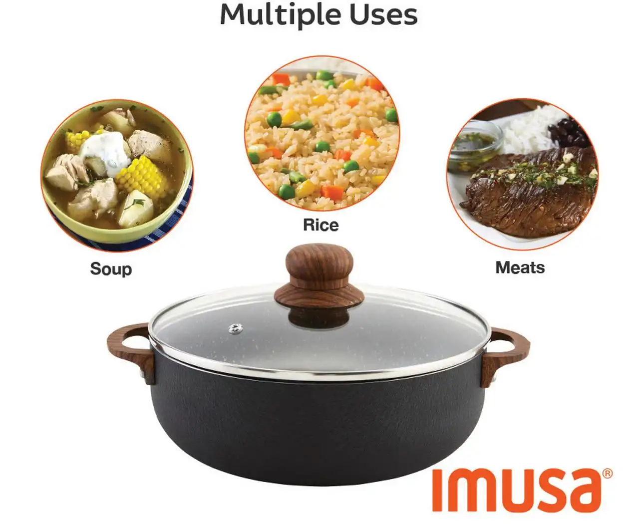 13.5 Quart Aluminum Black Stone Nonstick Caldero with Glass Lid & Woodlook Handles