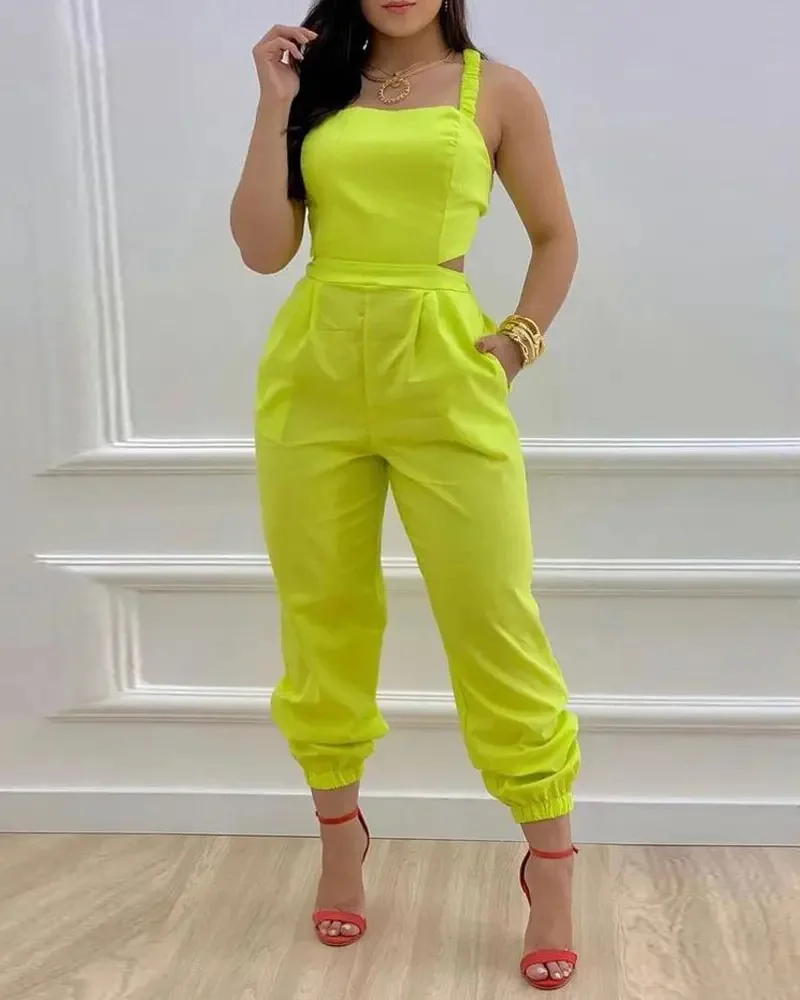 Woman Summer Sleeveless Long Jumpsuits Women Fashion Casual Printing Neck Sleeveless Hollowed-out Backless Rompers Playsuits New