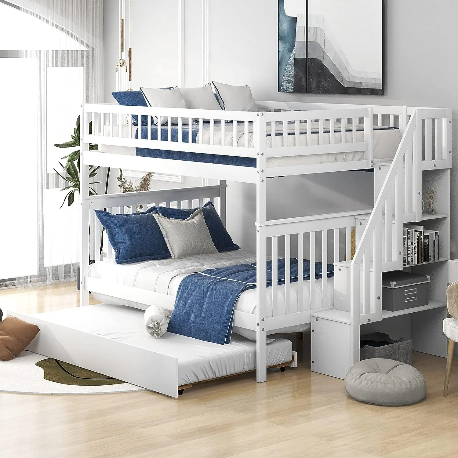 

2024 White Color Full Over Full Bunk Bed with Trundle and Stairs, Solid Wood Bunk Bed with Storage, for Kids Teens Adults