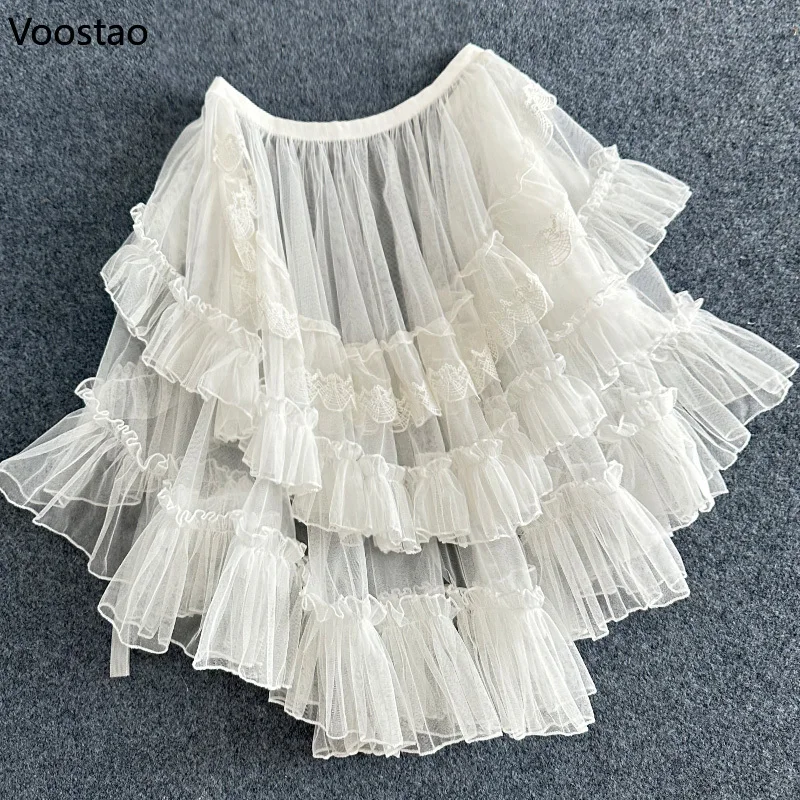 Sweet Lolita Style Double Layer Lace Asymmetrical Ruffles Skirts Women Summer Mesh Cute Curtain Sheer Cover Up Thin Long Skirt