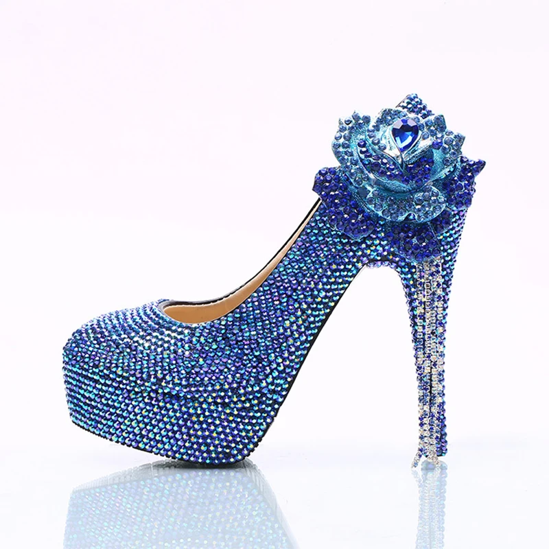 

Gorgeous Crystal Wedding High Heels Blue AB Flower Rhinestone Round Toe Tassel Bride Dress Shoes Platform Heels Cinderella Prom