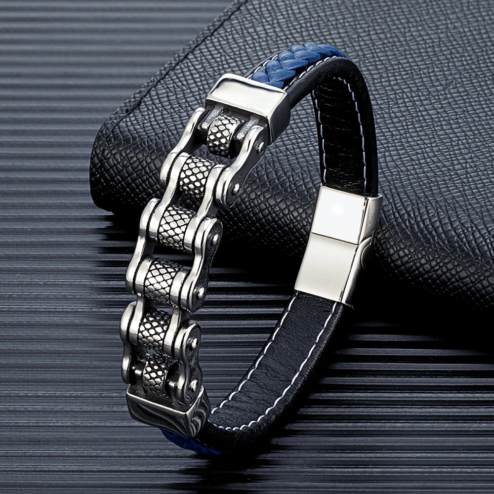 MKENDN Punk Men Biker Chain Braided Genuine Leather Bracelet Stainless Steel Magnetic Buckle Bracelet Gifts Homme Pulseras - Image 3