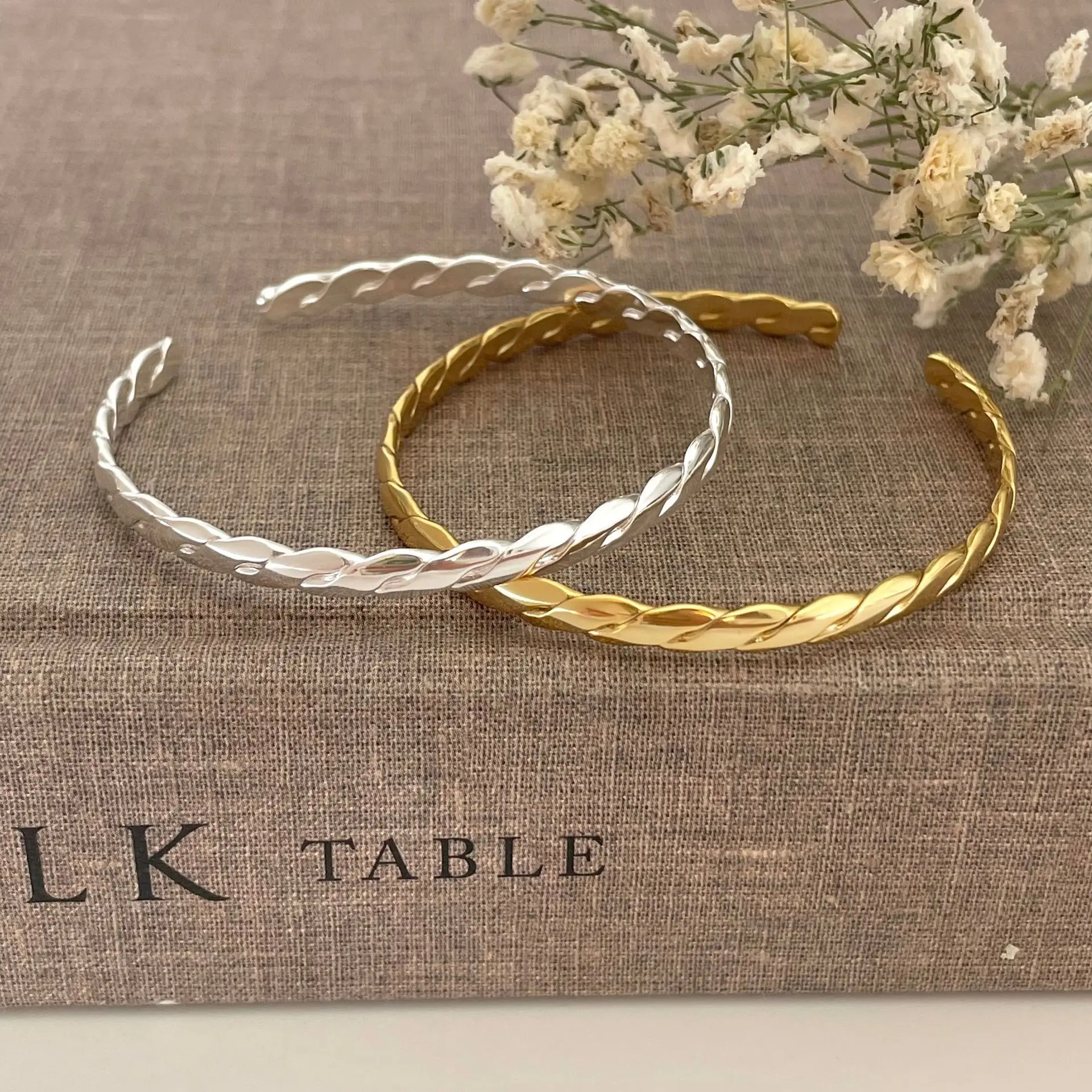 

18K Gold Plating Authentic 925 Sterling silver Square Twist Line Rope geometric Bangle Cuff Bracelet Handmade C-A316