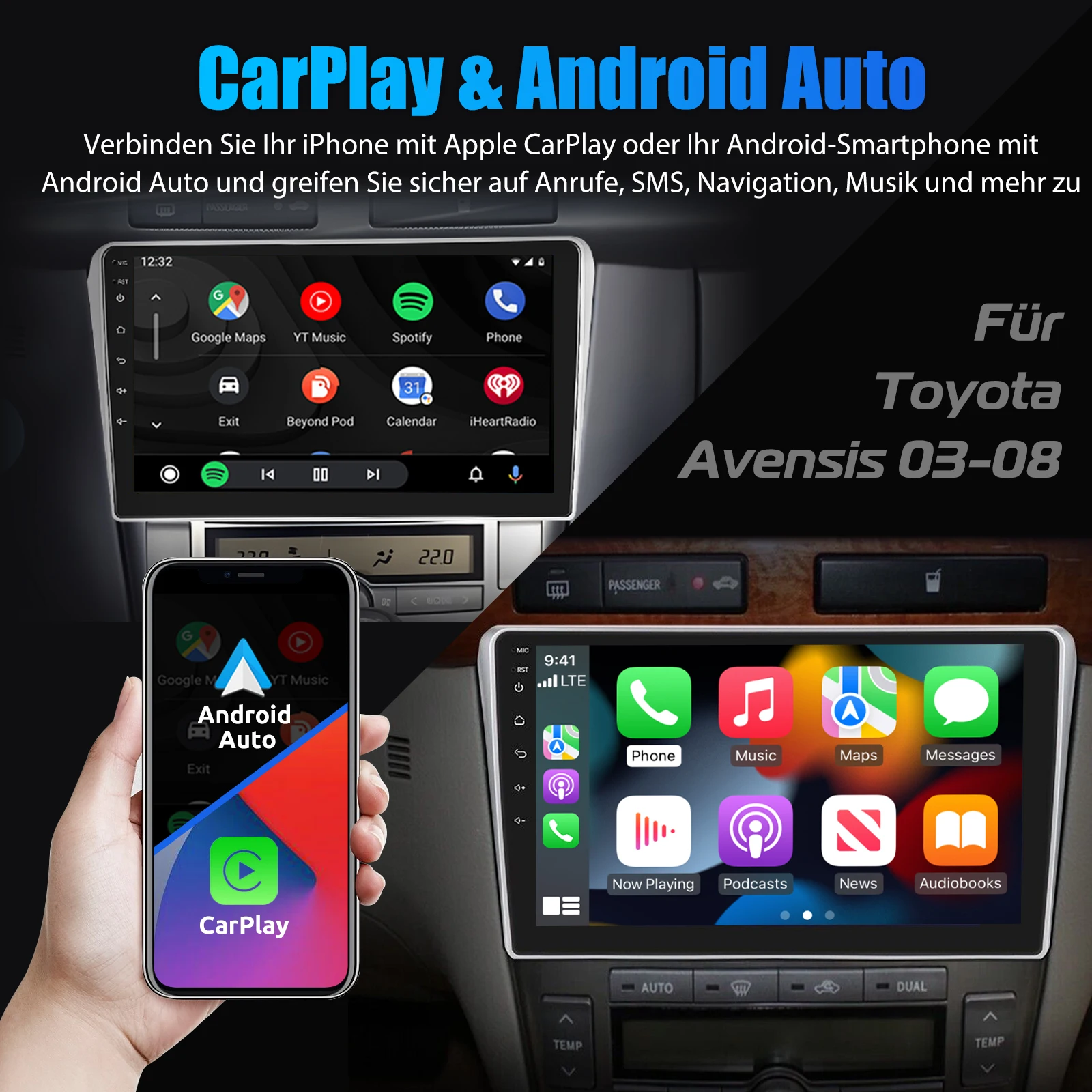 ESSGOO 9" Touchscreen Android14 For Toyota Avensis 02-08 GPS Navi FM Autoradio Wireless Carplay Android Auto GPS Navi BT Wifi FM