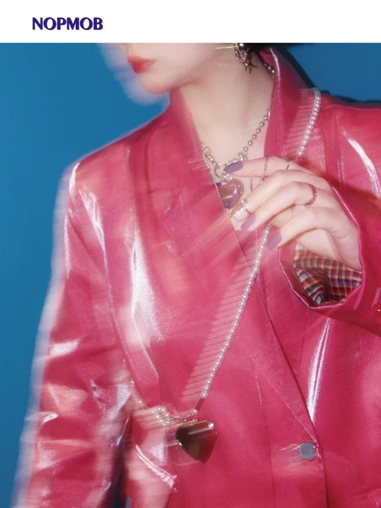 NOPMOB Women Peach Pink Oversized Tailored Jacket Lake Sparkling Polarized Retro Design Fashion Punk Y2k Loose Suit Blazer