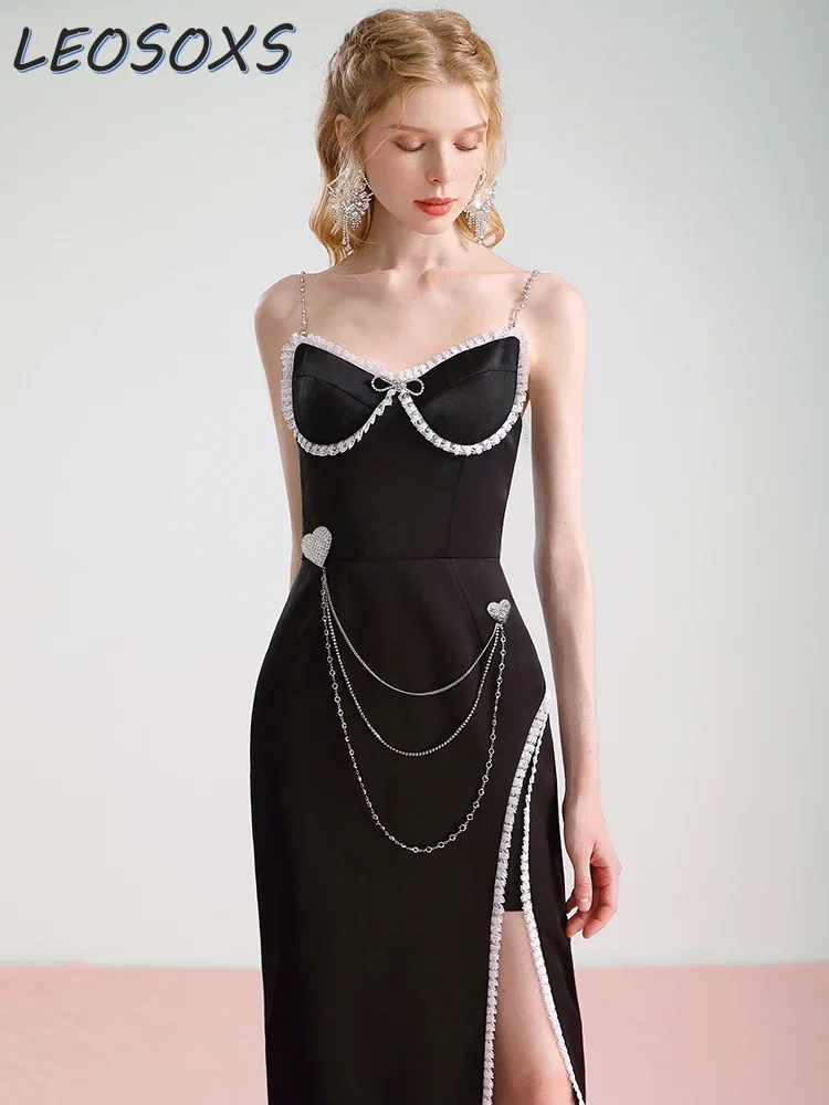 

Luxury French Style Banquet Party Dress Women Elegant Retro Hot Diamond Sexy Slit Strap Dress Women's Black Maxi Dress Vestidos