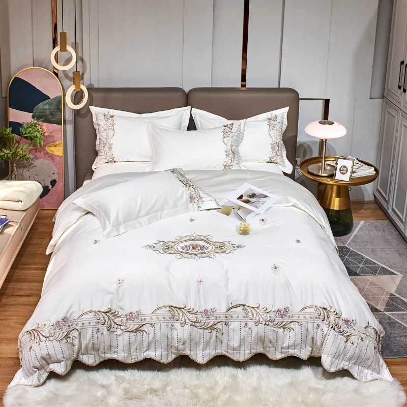 Luxury White Embroidery Egyptian Cotton Bedding Set Duvet Cover Bed Linen  Fitted Sheet Pillowcases Home Textile King Queen Size - Bedding Set -  AliExpress