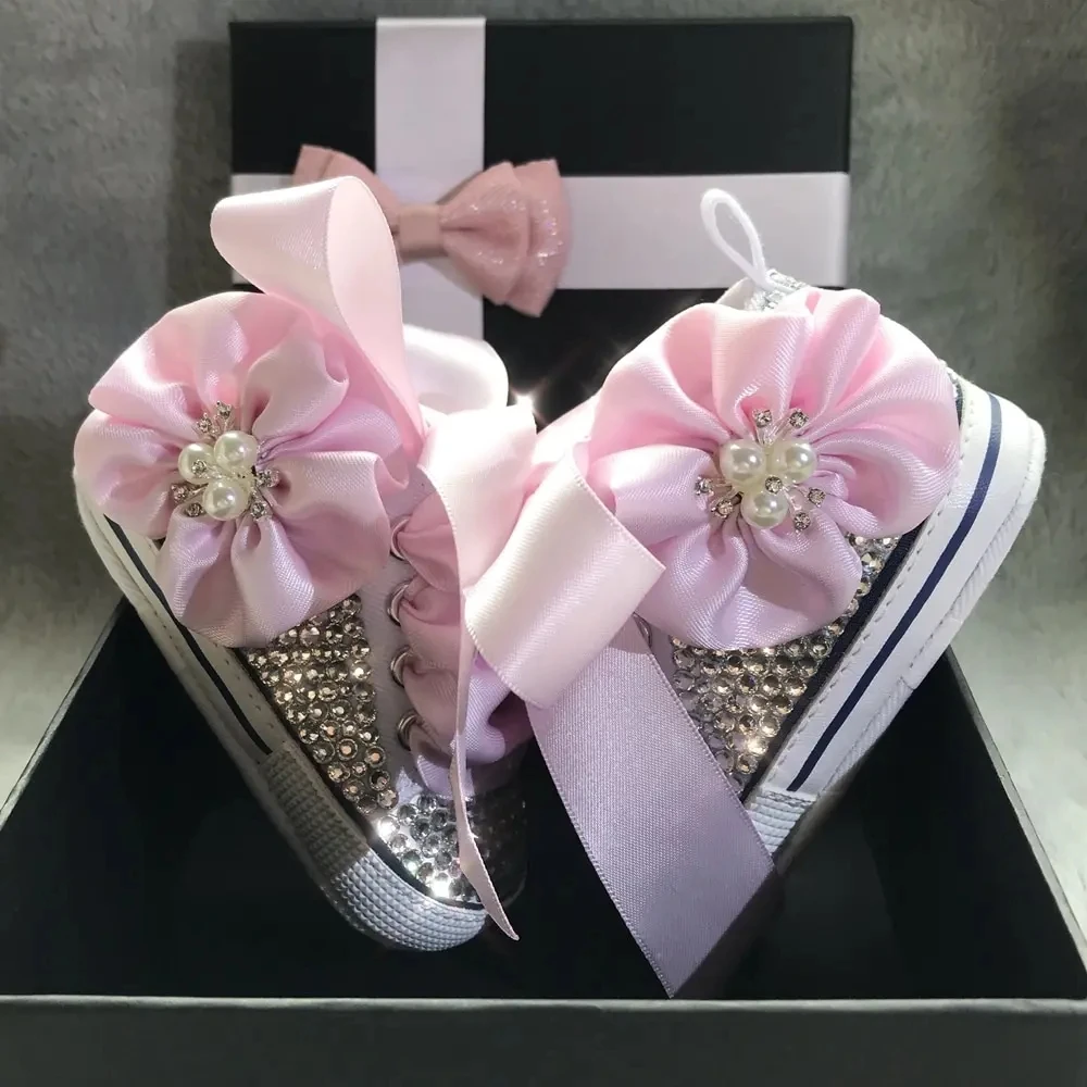Baby shoes Dollbling Bling Rhinestones Canvas White Ribbon Hair Bows Headband Gift Keepsake Birthday Newborn Toddler Crib Pearls