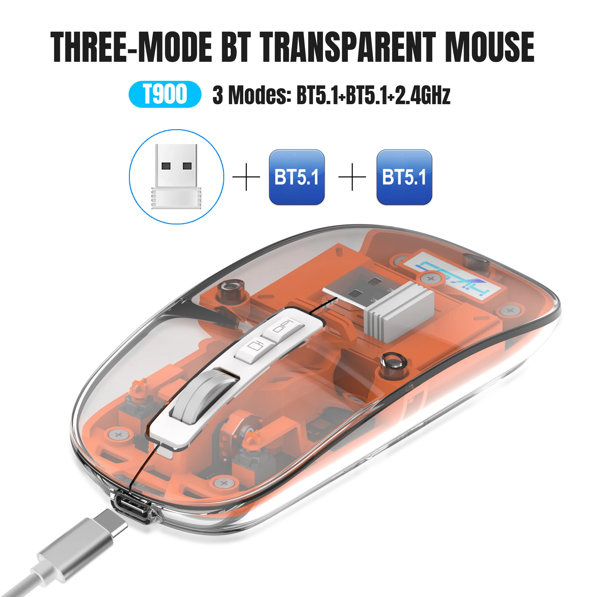 

3-Mode Transparent Gaming Mouse 2.4G+BT1+BT2 Bluetooth-compatible Wireless Mouse with RGB Light Rechargeable Mice for PC Laptop