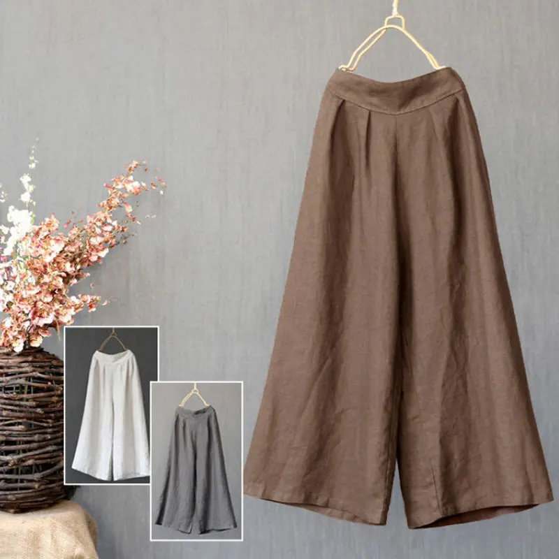 Wide Leg Loose Trousers Cotton Linen Women Elastic Waist Wide Leg Pants Casual Vintage Linen Straight