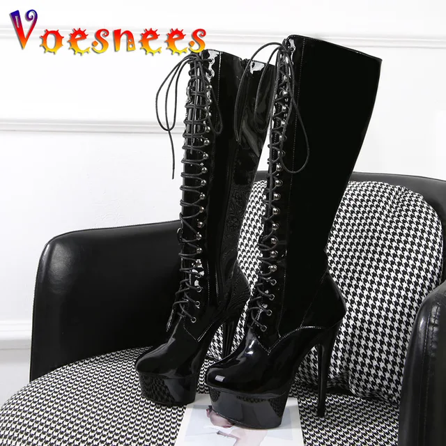 Winter Knee Length Leather Boots Women's Sexy 15CM High Heels Platform Long Boots Fashion Lace Up Black Fetish Pipe Dance Shoes 3