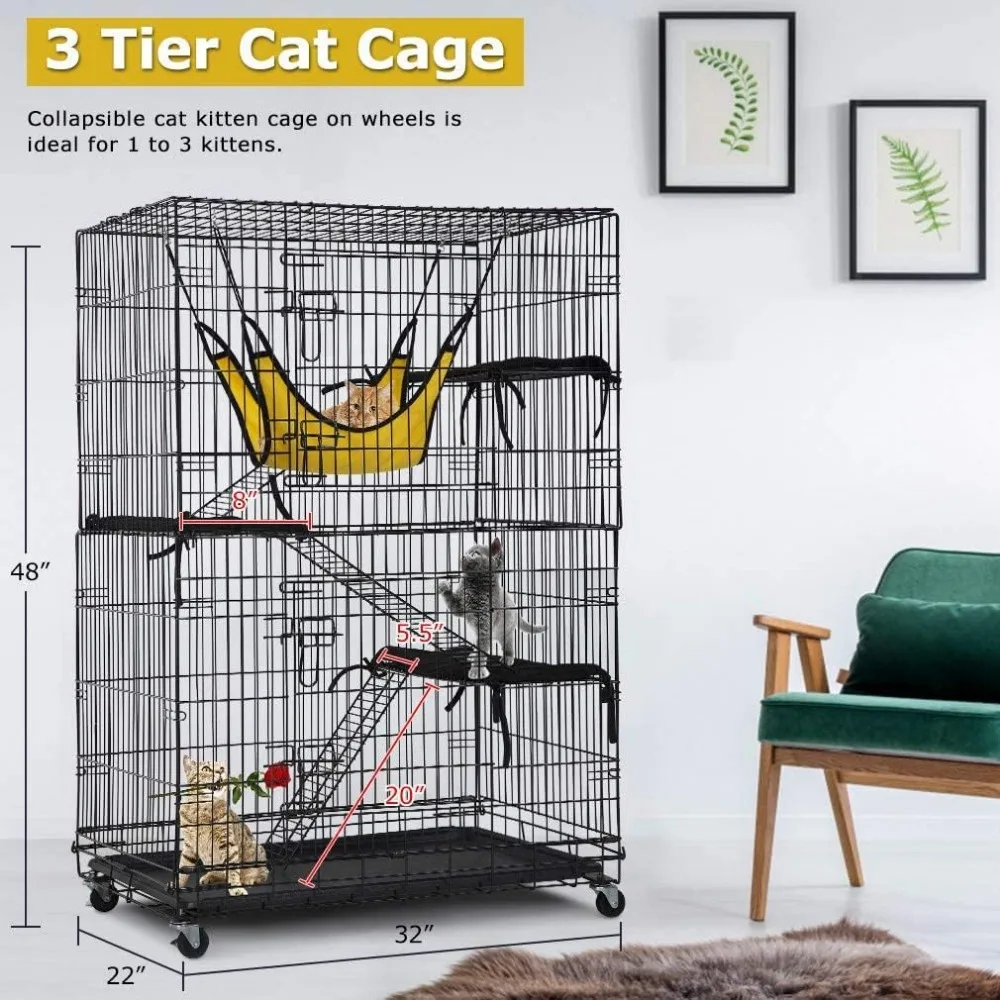 4-Tier 48 Inches Cage Crate Cat Kennel Cat Playpen with Free Hammock 3 Bed 2 Front Doors 3 Ramp Ladders Perching