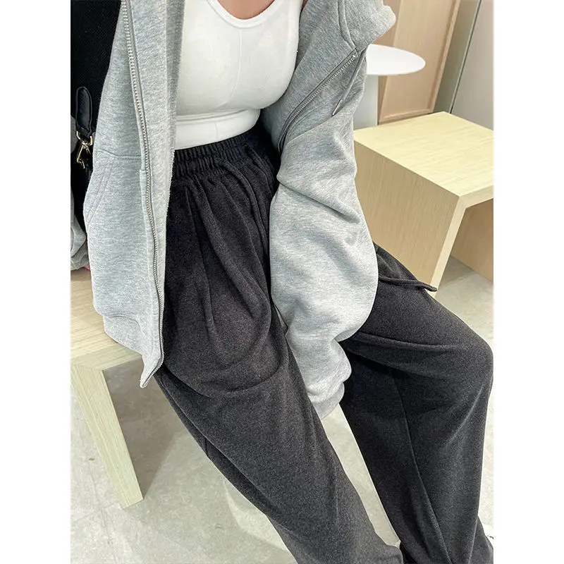 Autumn Winter 2022 Women's Casual Straight Wide Leg Trousers Harajuku Streetwear Solid Loose Drawstring Joggers Pants Sweatpants