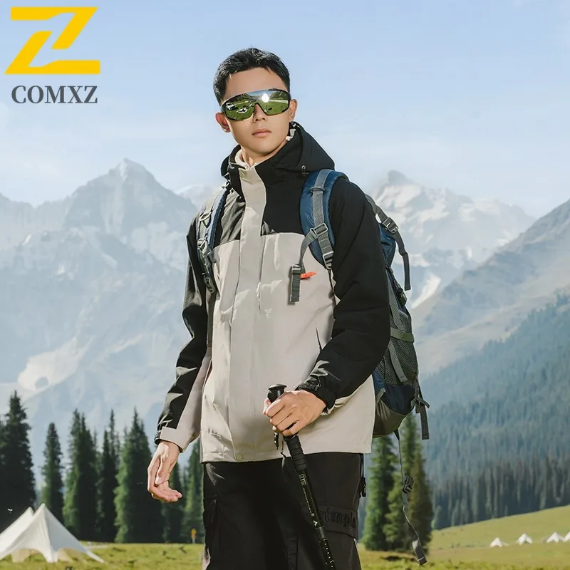 COMXZ Windbreaker Jacket 3-In-1 Detachable Windproof Hiking Camping Fleece Coat Climbing Waterproof Breathable Men's Outerwear