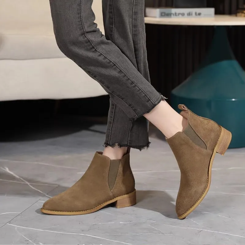 Stivaletti Slip-On Elastici In Pelle Scamosciata Naturale Da Donna Stivaletti Autunnali Con Punta Quadrata Casual Stivaletti Corti Chelsea Scarpe Cald