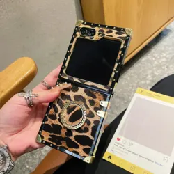 Leopard Pattern Premium Gold Frame Leather Square Soft Case with Bracket - Flip 8 (Brown)