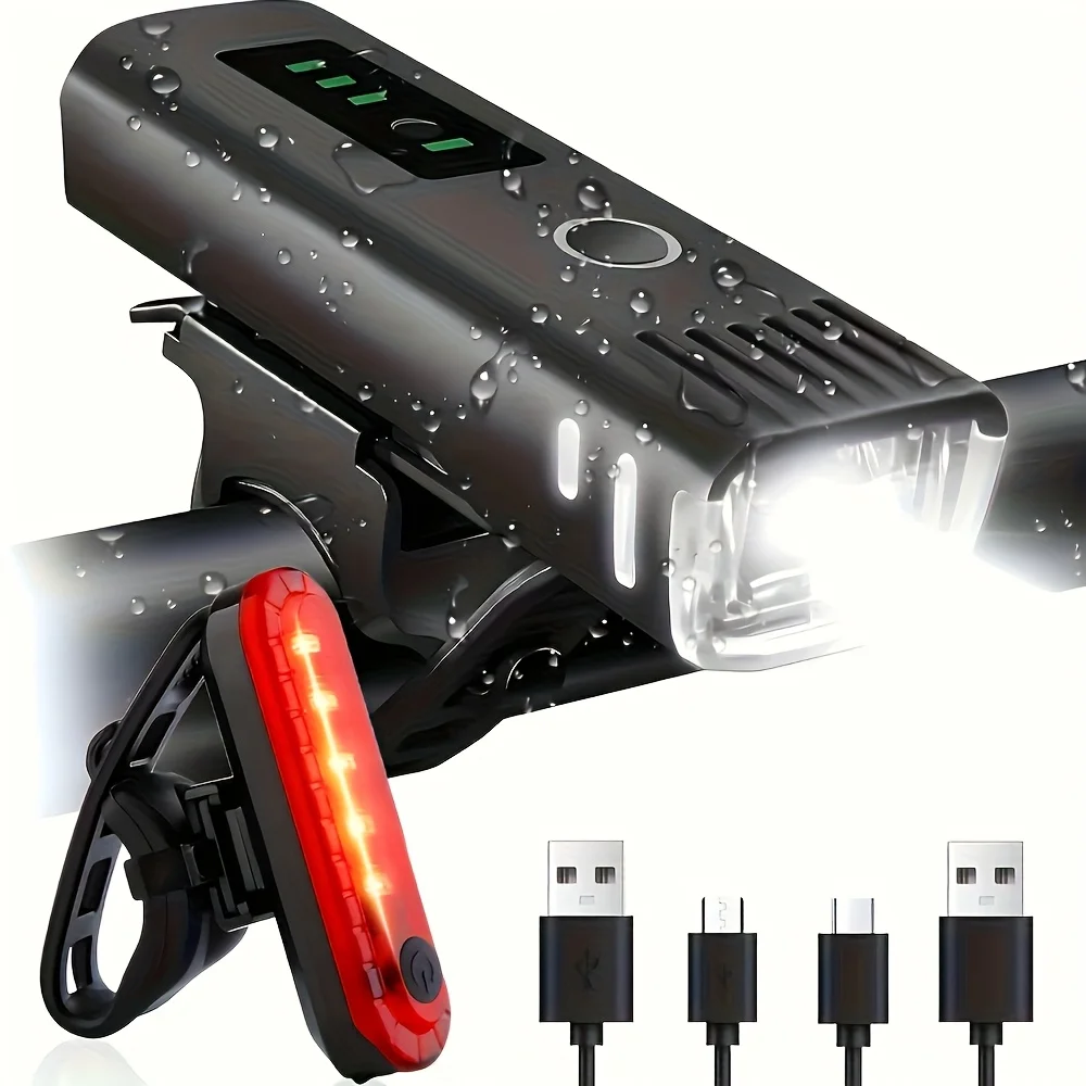 2-Piece Ultra-Bright USB Rechargeable Bicycle Front Light and Tail Light Set, 4 Lighting Modes, High-Quality Bicycle Front and Rear Lights for Night Riding, Suitable for Mountain Biking