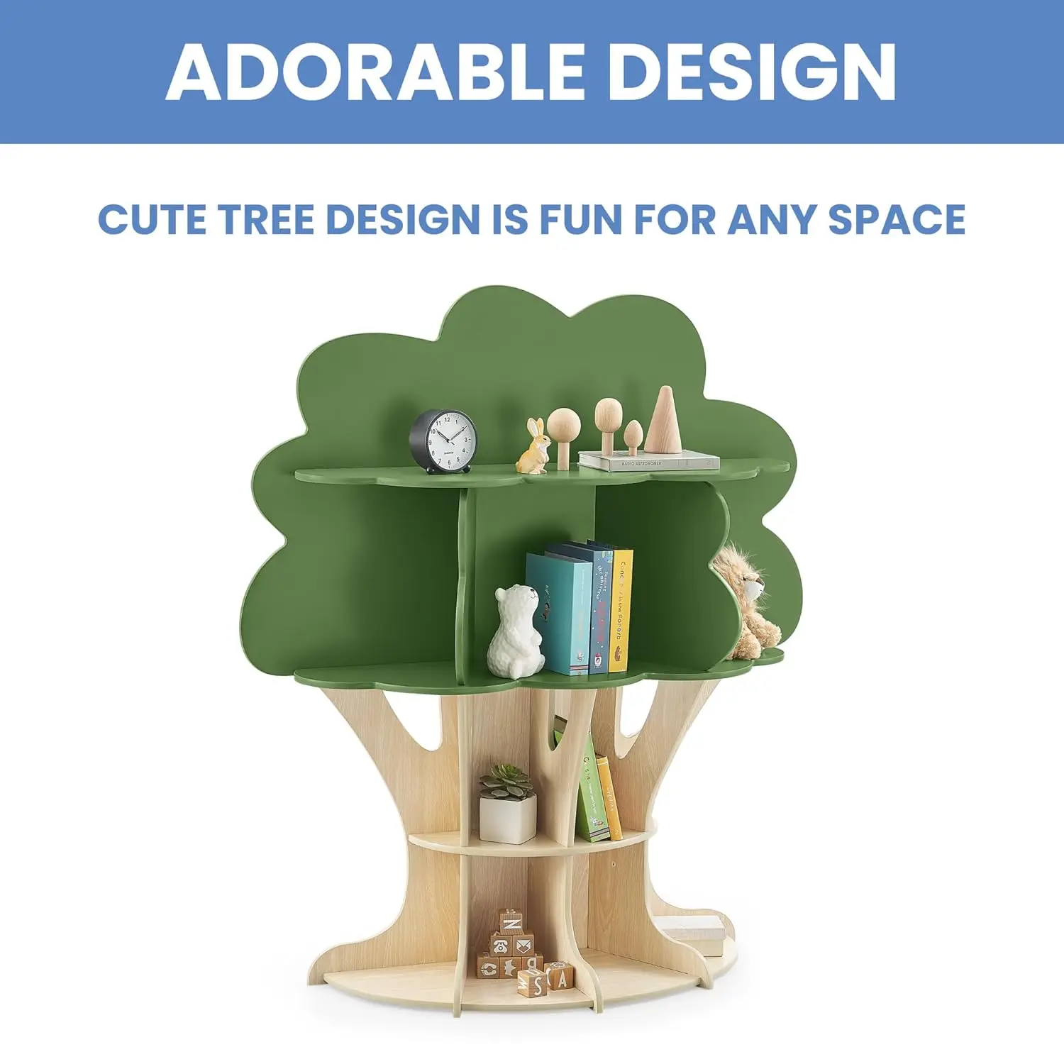 Children Tree Bookcase-Gold Certified, Fern Green/Crafted Natural