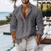 Chemise en coton et lin pour hommes, Style plage d'été, couleur unie, simple boutonnage, chemises respirantes, légères et élégantes, hauts à boutons 5