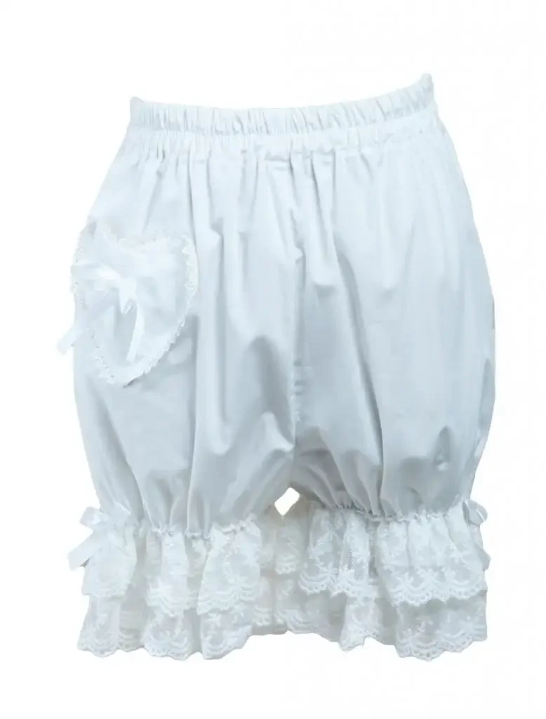 White Lolita Bloomers Lace Trim Heart Shape Pocket Bow Ribbon shorts for women