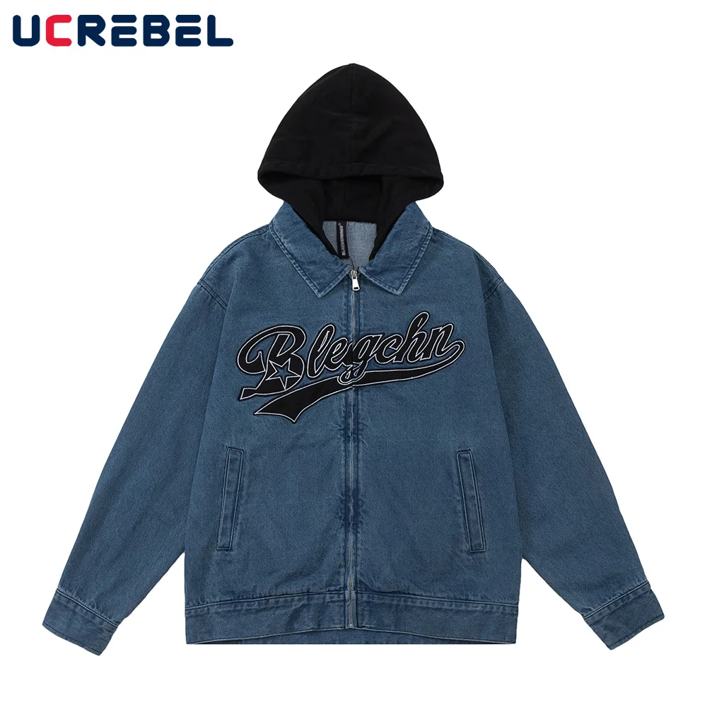 

High Street Letter Embroidery Hooded Jacket Mens Streetwear Washed Blue Loose Zipper Denim Outerwear Men