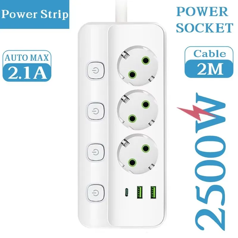 EU Plug Power Strip with 3/5 Outlets, Dual USB Ports, and Type C Socket - 2M Cord with Safety and Fire Prevention Features