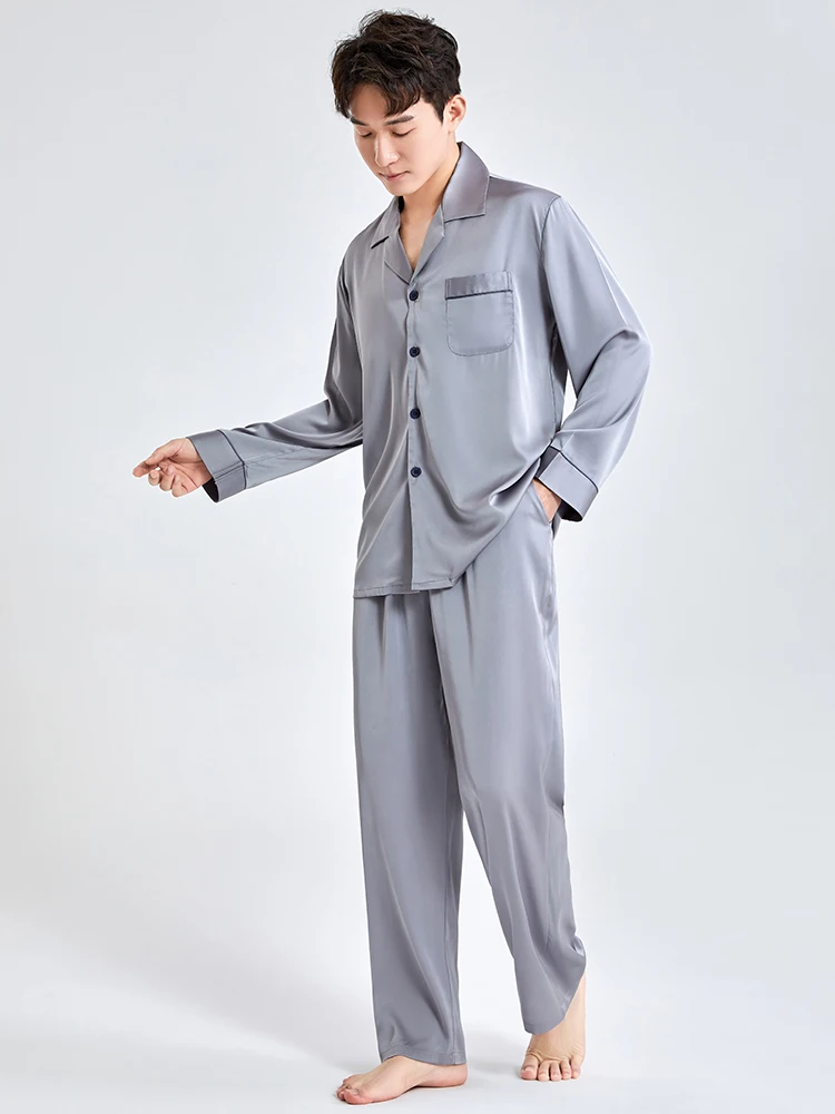 Silk Satin Pajamas Men Sleepwear Bedroom Home Clothes Man Long Button-Down Pyjamas Suit Ice-silk Pijama Loungewear