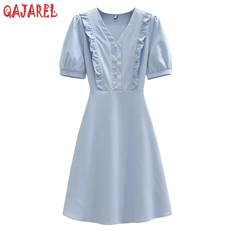 

Женское платье с V-образным вырезом, синее облегающее платье миди с оборками и вышивкой, лето 2024