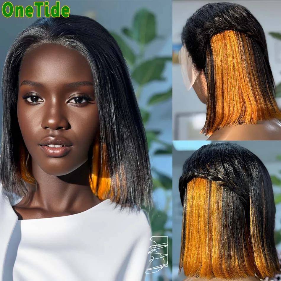 

Ginger Bob Wig Human Hair Straight Black Ginger Bob 13x4 Transparent Lace Wigs for Women Multiple Peekaboo Two Tones Colored