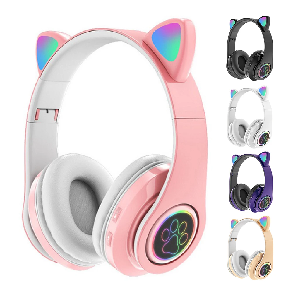 Flash Light Cute Cat Ear Headphones Wireless with Mic Can Close LED Kids Girls Stereo Phone Music Bluetooth Headset Gamer Gift