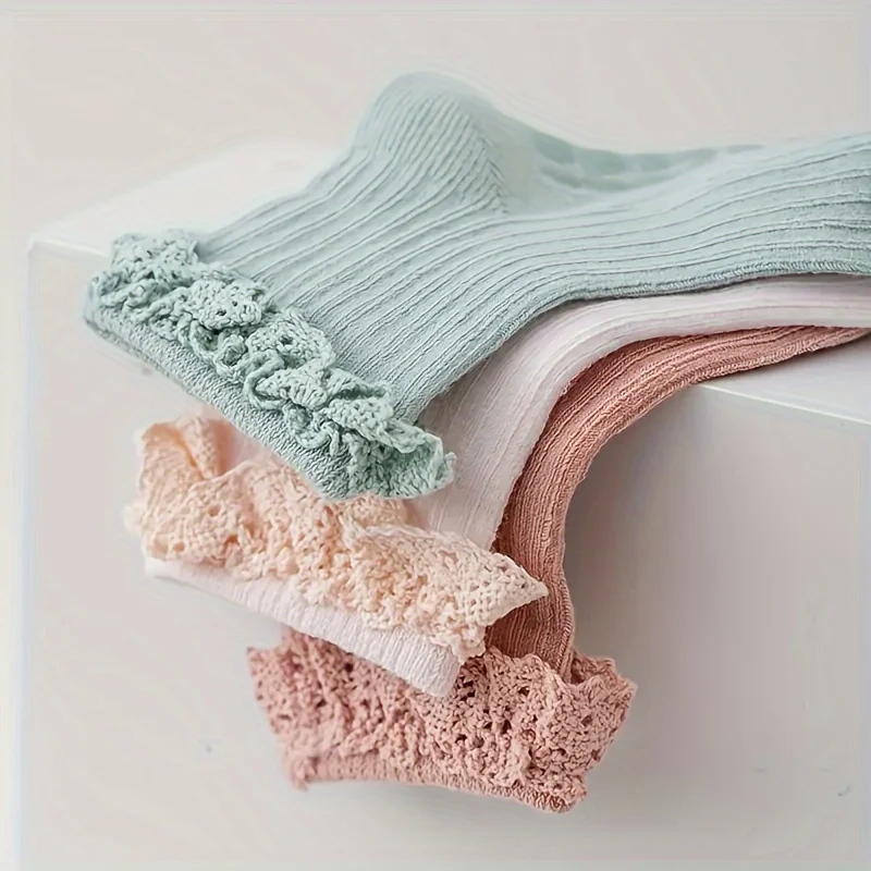4 Pairs Of Cute Princess Socks For Baby Toddlers-Non-Slip, Lace Ruffled & Plain Colors for Baby 0-3 Years