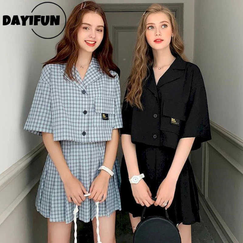 

DAYIFUN Women's Suits Skirts French Girlfriends Sisters Pleated Dress and Short-Sleeve Jacket Two Piece Sets Blazer Skirt Summer