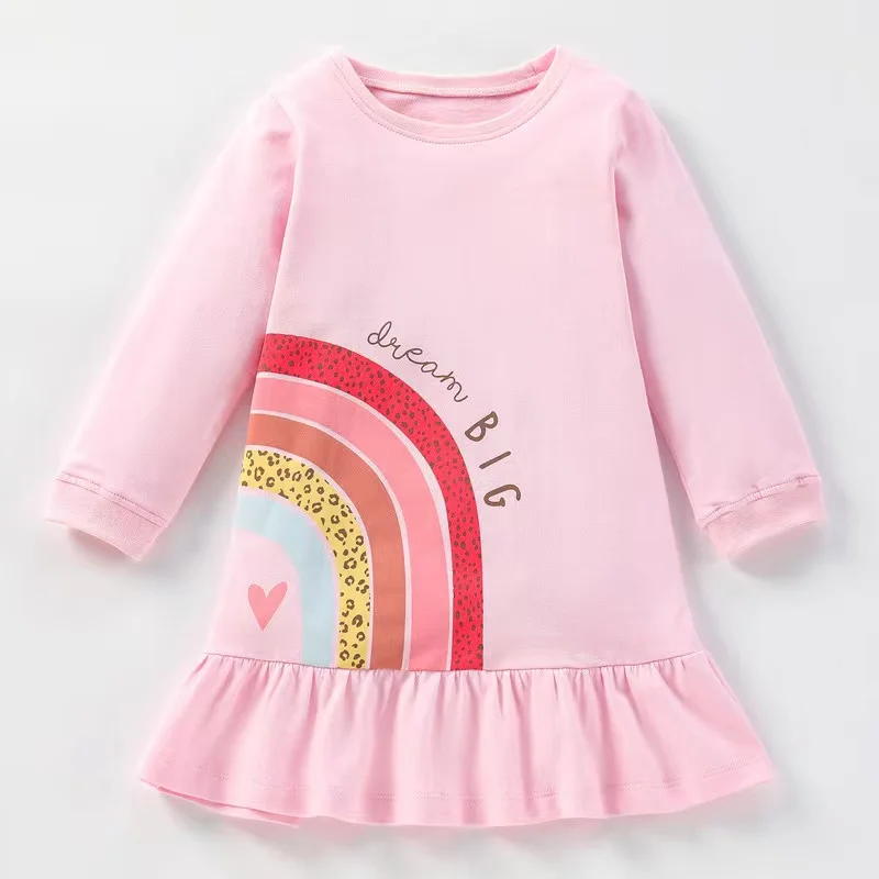 

2023 Kids Dress for Girls Autumn Winter Long Sleeve Cotton Dress Rainbow Cartoon Print Casual Wear Children Clothes 2-8T