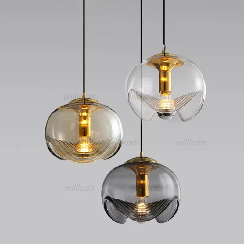 

Amber Clear Smoke Pendant Lamp Reeded Glass Suspension Light Hotel Hallway Cafe Bedside Creative Iron Hanging Ceiling Chandelier