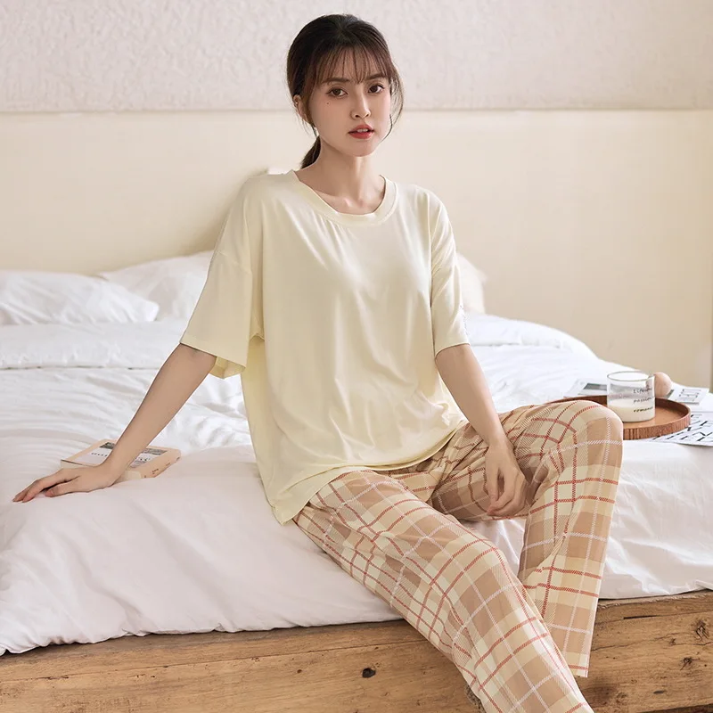 Women 2 Piece Pajamas Sets Plaid Print Pijama Modal Pyjama Female Sleepwear ShortSleeve O-Neck Top Pants Suit Homewear Nightwear