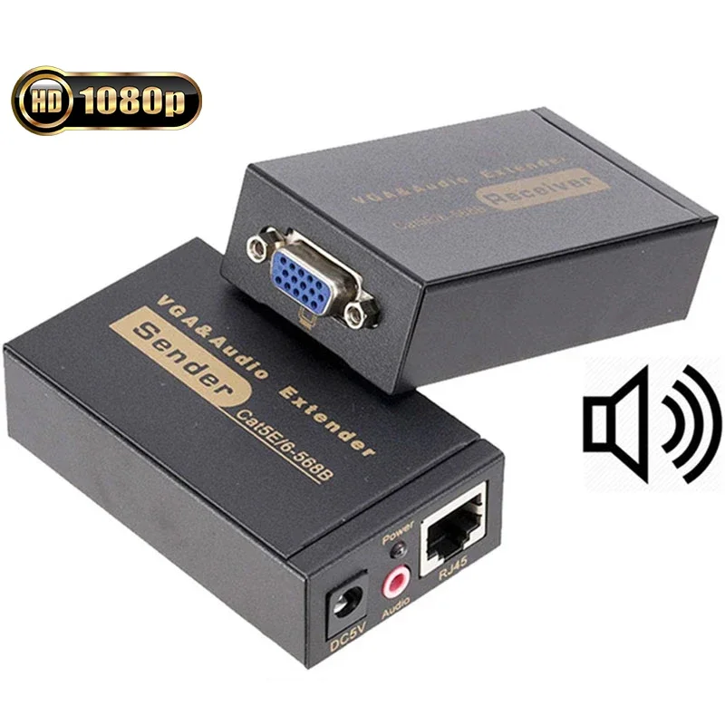 VGA Extender with Audio over Cat5/6 Cable to RJ45 Ethernet for PC Laptop Projector, vga extender splitter