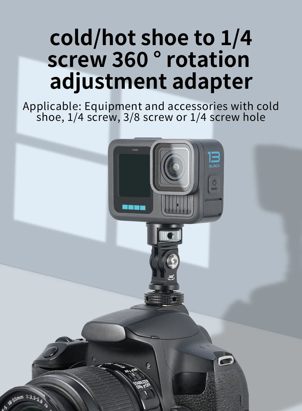 Kaltschuhhalterung Stativadapter 1/4 3/8 ARRI Loch für Gopro Insta360 Osmo 360 Action Kamerahalter SLR Käfig Mikrofon Licht Telefonständer – Detail 7