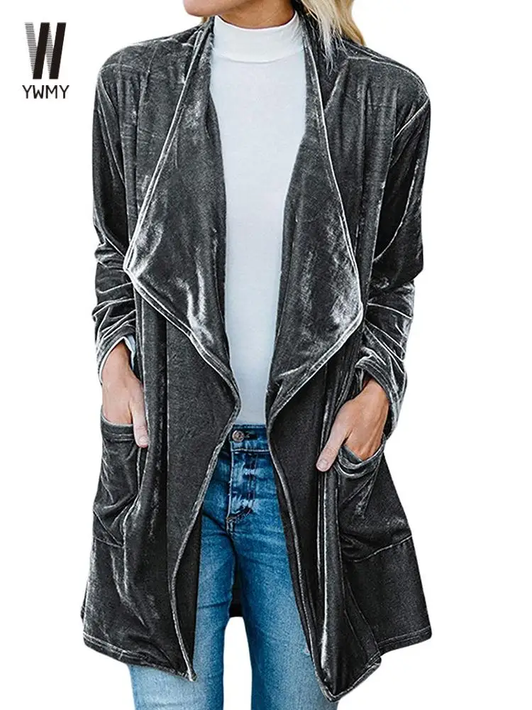 

Женский золотистый бархатный тренчкот, Повседневная Уличная ветровка, свободное теплое пальто, ветрозащитное, с длинным рукавом, с карманами, для осени