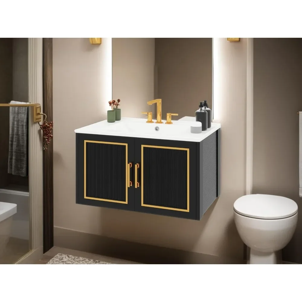 30" Bathroom Vanity with Ceramic Sink, Floating Vanity with Cabinet, Wall Mount Modern Bathroom Vanity Includes Countertop 6