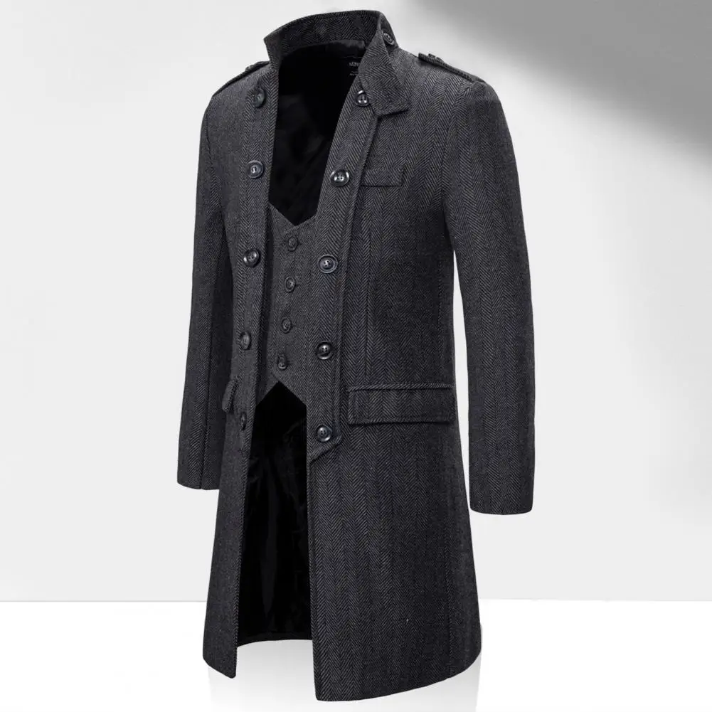 Men Outwear Coat Stand Collar Dressing Washable Fake Two Piece Patchwork Trench Coat Popular