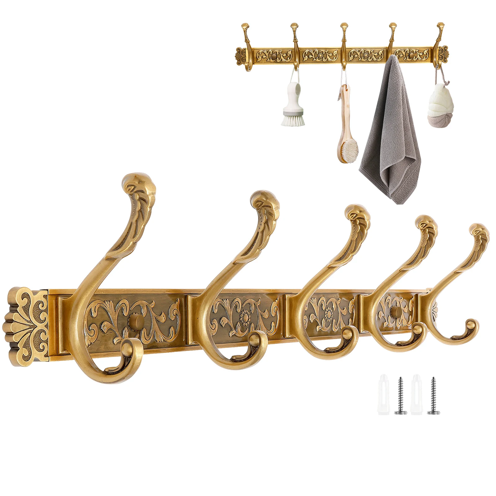 ราวแขวนเสื้อผ้าติดผนังสไตล์วินเทจ พร้อมตะขอ 5 ตัว แบบติดผนังด้วยตะปู สำหรับแขวนเสื้อผ้าในห้องน้ำและห้องครัว 1