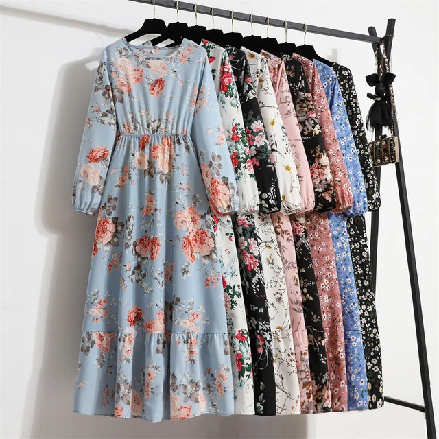 Women Floral Printed Maxi Dresses Spring Summer Casual O Neck Full Sleeve High Waist A Line Boho Beach Party Long Dress Vestidos 1