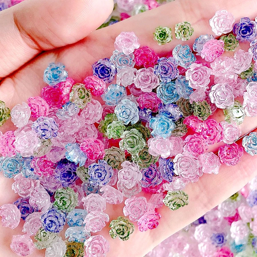 30PCS 8MM Glitter 3D Acrylic Flower Nail Art Rhinestone Charms Clear Rose Camellia Nail Decoration Supplies Manicure Accessories