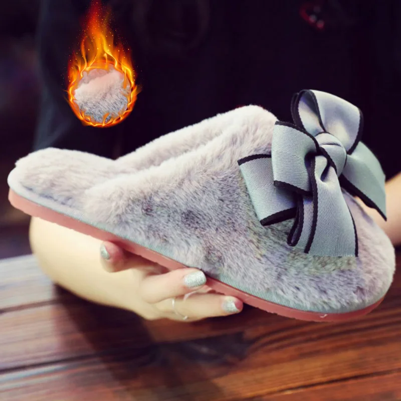 

Winter Women Furry Warm Slippers Female Bowknot Flat Shoes Home Plush Cotton Slides Woman Indoor\Outdoor Soft Faux Fur Slippers